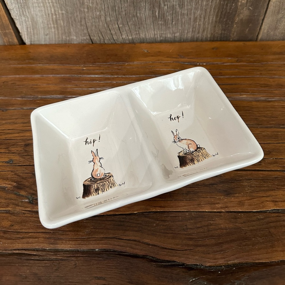 Rae Dunn Hip! Hop! Bunny Graphic 2 Section Trinket Tray